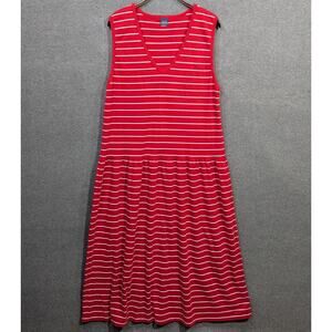Vtg Lands End Dress Womens XL Cotton Maxi Simple Red White Stripe Grandmacore